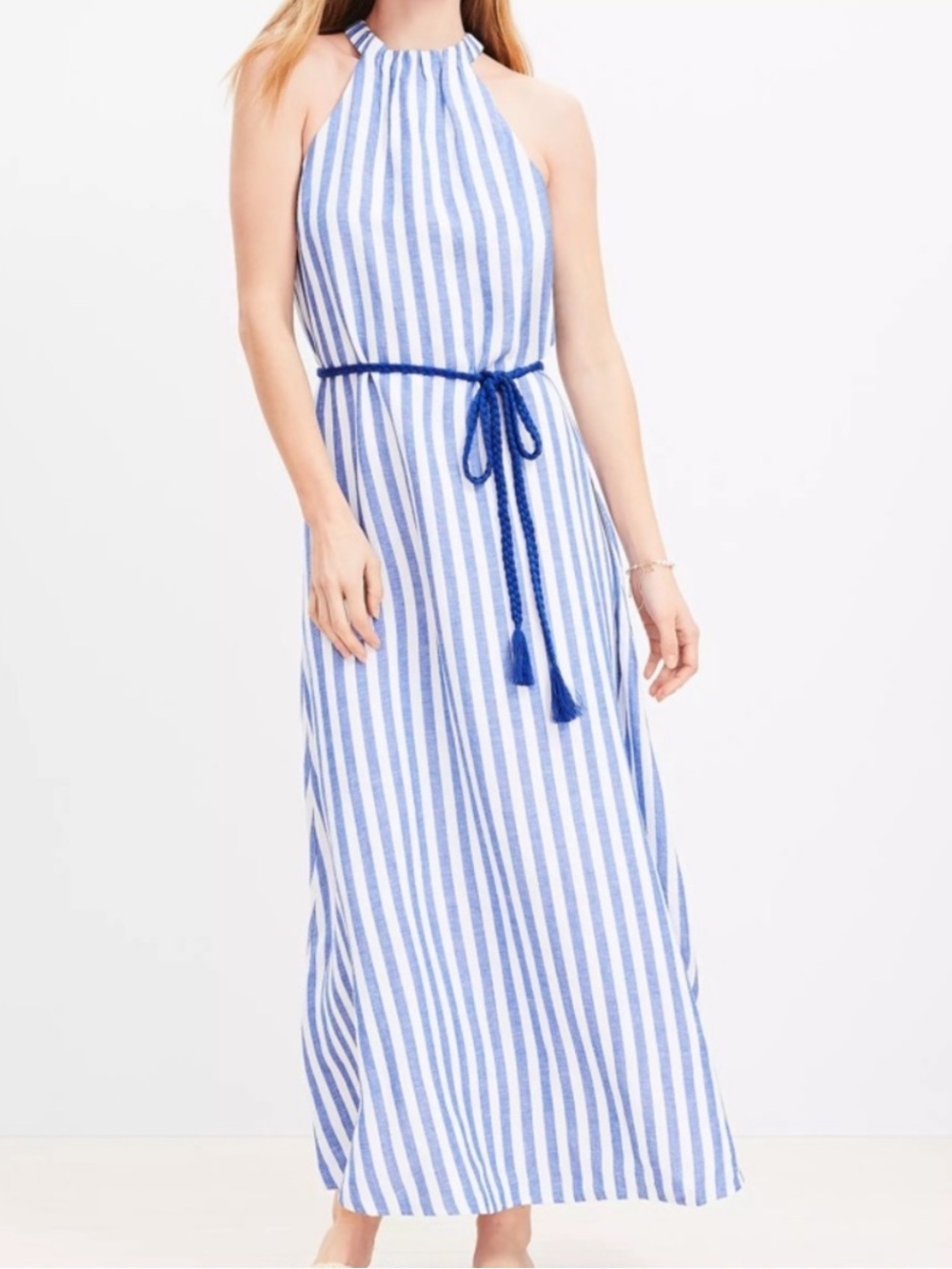 Loft Womens Linen High Neck Stripe Belted Long Maxi Dress, Size 10